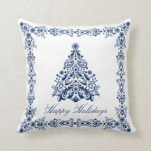 Blue Christmas Tree Your Background and Text Throw Pillow