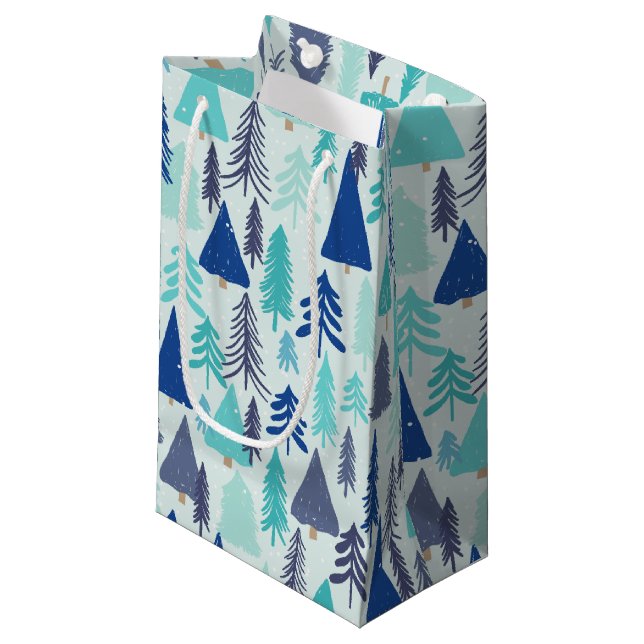 Blue Christmas Trees in an Evergreen Forest Small Gift Bag (Front Angled)