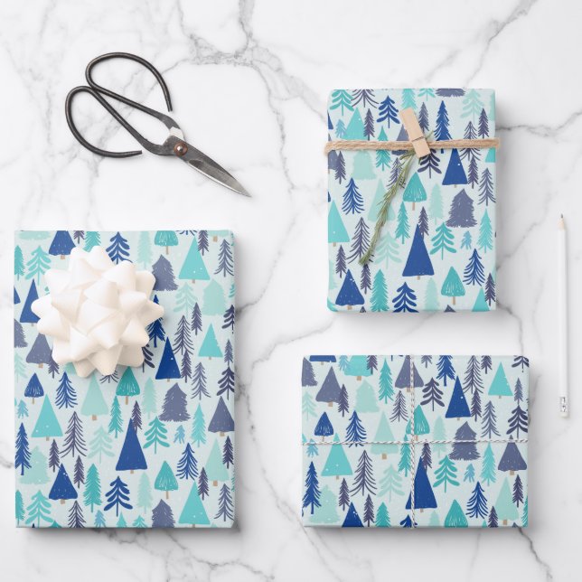 Blue Christmas Trees in an Evergreen Forest Wrapping Paper Sheet (Front)