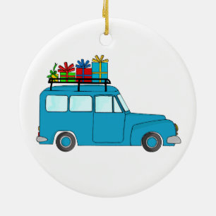 Blue Christmas truck with gifts Ceramic Ornament