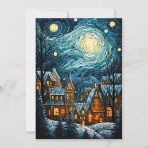 Blue Christmas Village Art Holiday Flat Card