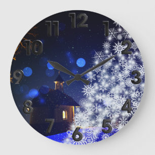 Blue Christmas white tree Large Clock