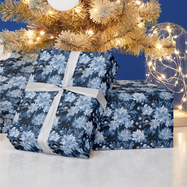 Blue Christmas Winter flowers  Wrapping Paper (Holidays)