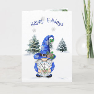 Blue Christmas Winter Gnome with Clock Holiday Card