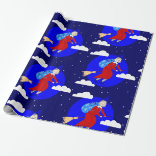 blue christmas witch befana broomrider spookmas wrapping paper