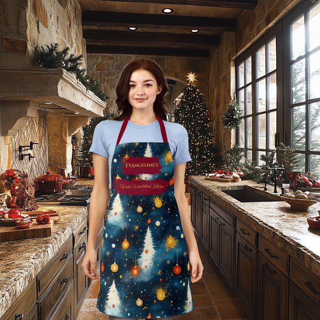 Blue Christmas with White Trees and Ornaments Apron (Creator Uploaded)