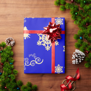 Blue Christmas Wrap with Cream Snowflakes Wrapping Paper