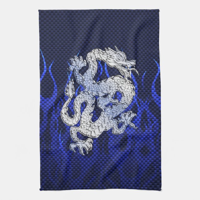 Blue Chrome like Dragon Carbon Fibre Style Kitchen Towel (Vertical)