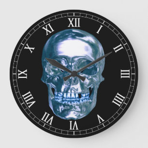 Blue Chrome Skull rond chiffres romains Horloge