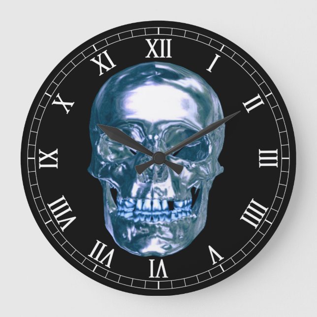 Blue Chrome Skull Round Roman Numerals Clock (Front)