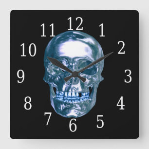 Blue Chrome Skull Square Clock