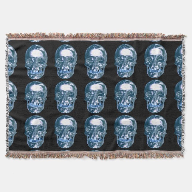Blue Chrome Skull Throw Blanket (Front)
