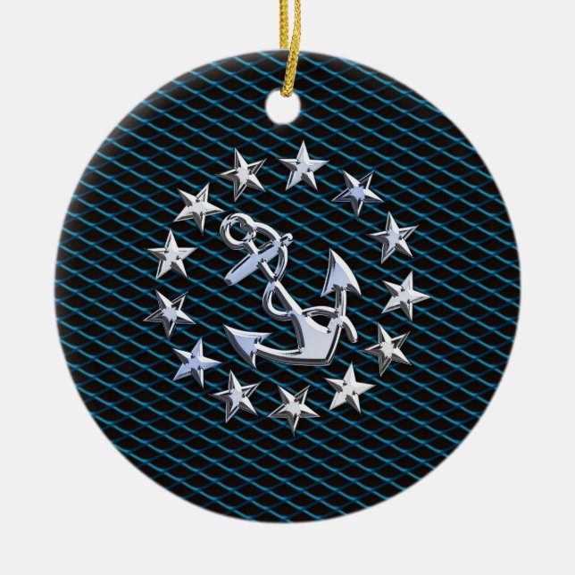 Blue Chrome Style Yacht Flag on Grille Print Ceramic Ornament (Front)