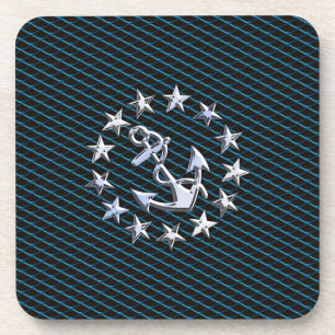 Blue Chrome Style Yacht Flag on Grille Print Coaster