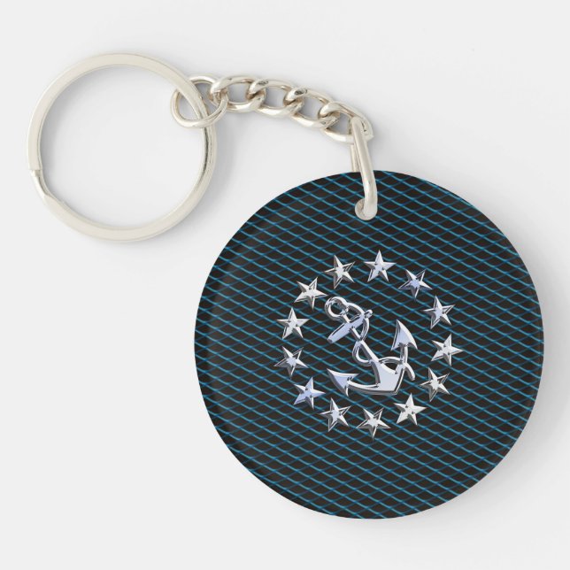 Blue Chrome Style Yacht Flag on Grille Print Keychain (Front)