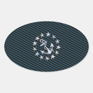 Blue Chrome Style Yacht Flag on Grille Print Oval Sticker