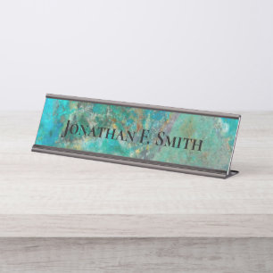 Blue Chrysocolla Mineral Stone Personalized Desk Name Plate