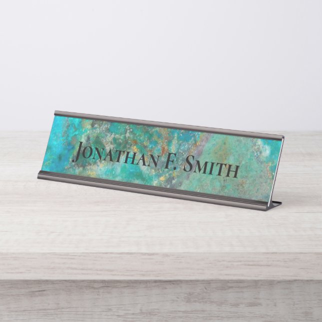 Blue Chrysocolla Mineral Stone Personalized Desk Name Plate (Front)