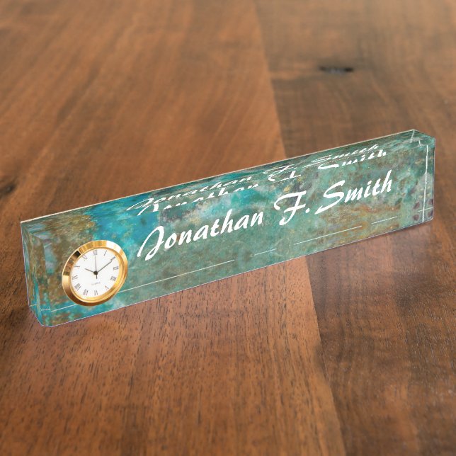 Blue Chrysocolla Stone Desk Name Plate with Clock (Side)