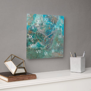 Blue Chrysocolla Stone with White Roman Numerals Square Wall Clock