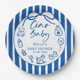 Blue Ciao Bambino Italian Illustrated Baby Shower Paper Plate