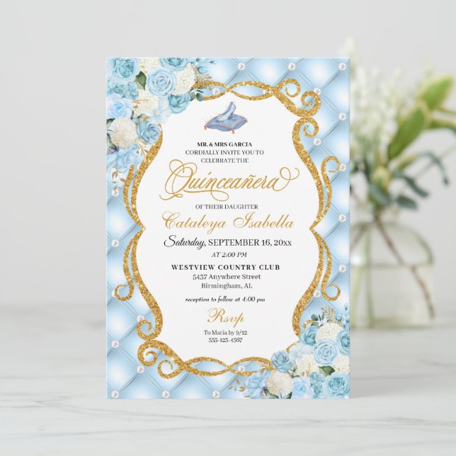 Blue Cinderella Glass Shoe Princess Quinceanera Invitation (Standing Front)
