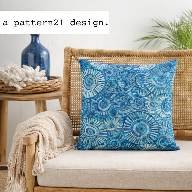 blue circle batik pattern throw pillow (Hand dyed batik style pillow adds bold ocean blue pattern to relaxed coastal spaces)
