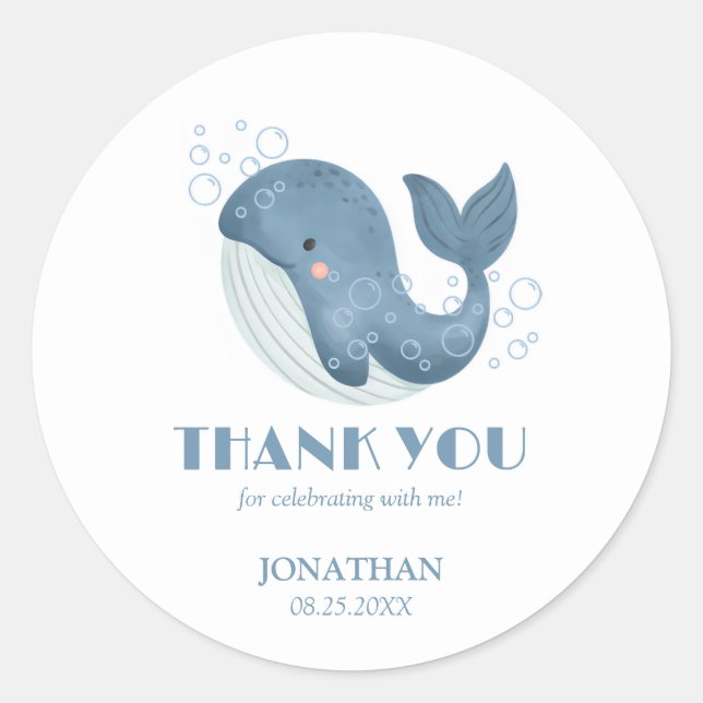 Blue Circle Bubble Cute Whale Birthday Thank You Classic Round Sticker (Front)