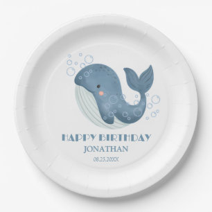 Blue Circle Bubble Cute Whale Kids Birthday Paper Plate