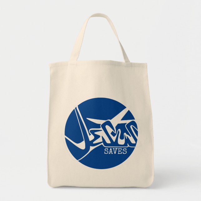Blue Circle Jesus Saves Graffiti Tote Bag (Front)