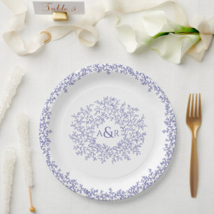 blue circle leaf art monogram wedding paper plate