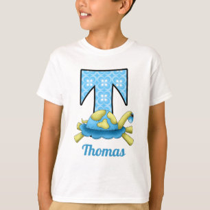 Blue Circle Print Turtle Monogram "T" Shirt