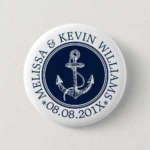 Blue Circle White Nautical Boat Anchor 2 Inch Round Button