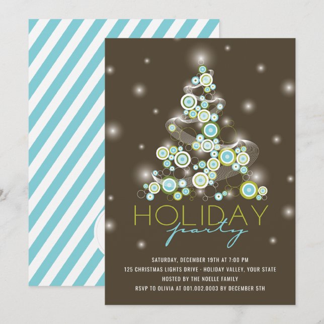 Blue Circles Sparkles Christmas Tree Holiday Party Invitation (Front/Back)