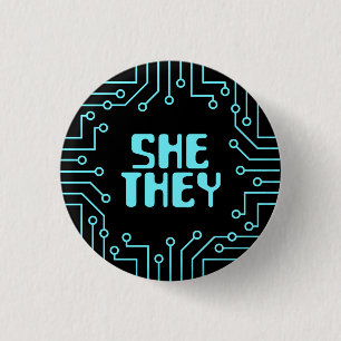 Blue Circuit Board She/They Pronouns 1 Inch Round Button