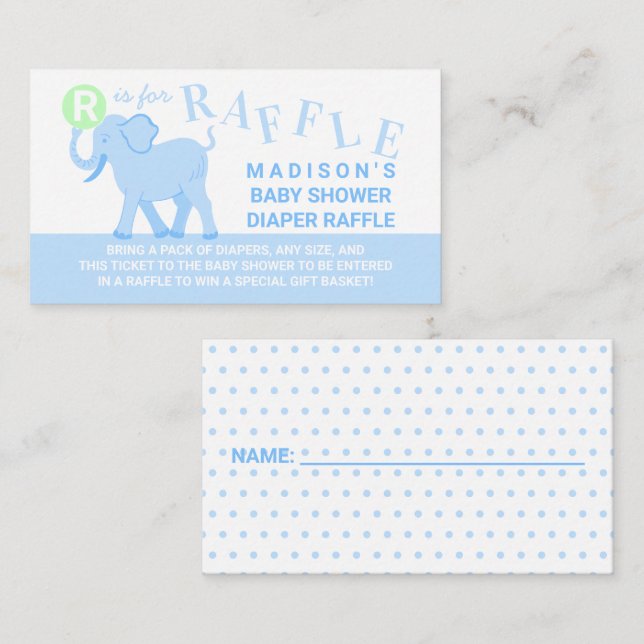 Blue Circus Cute Elephant Diaper Raffle Ticket Enclosure Card (Front/Back)