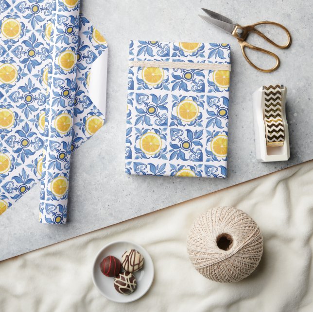 Blue Citrus Lemon Mediterranean Pattern Wrapping Paper (Crafts)