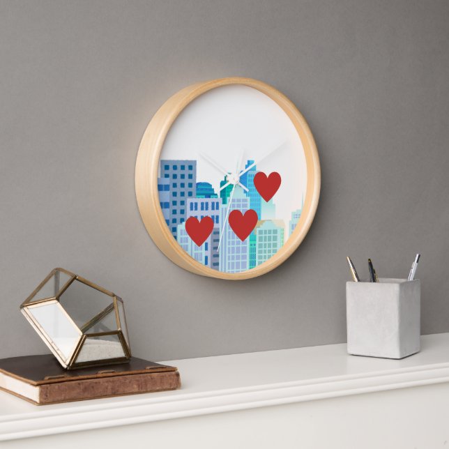 Blue City Buildings Cartoon Design Clock (Office)