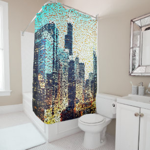Blue city buildings in mosaic style with relief
