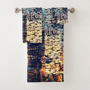 Blue city buildings in mosaic style with relief bath towel set