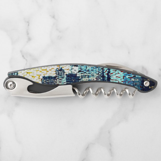 Blue city buildings in mosaic style with relief    corkscrew (Front)