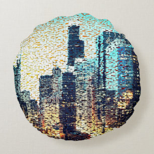Blue city buildings in mosaic style with relief round pillow