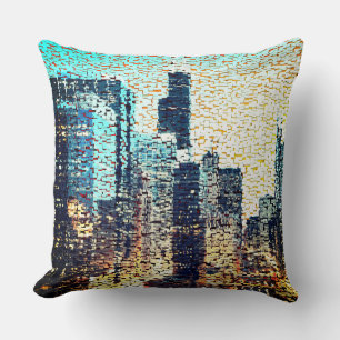 Blue city buildings in mosaic style with relief throw pillow