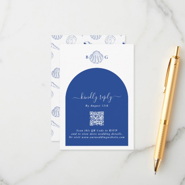 Blue Clam Seashells Coastal Seaside Beach Wedding Enclosure Card (Front/Back In Situ)