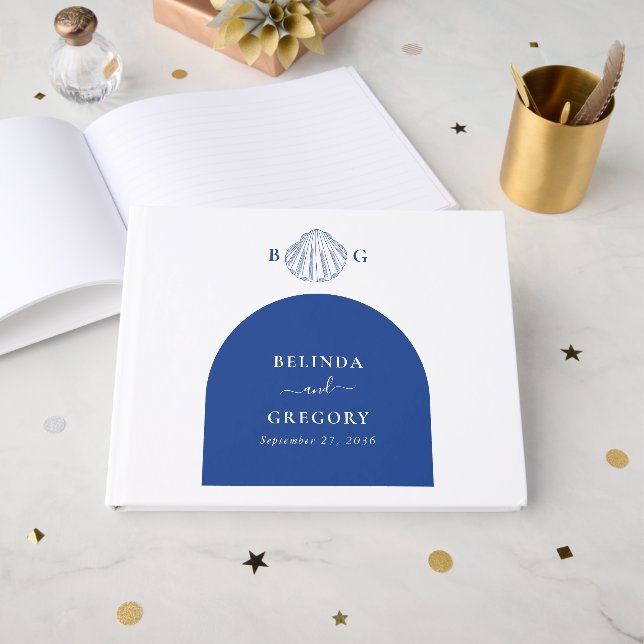 Blue Clam Seashells Coastal Seaside Beach Wedding Guest Book (Front Open)