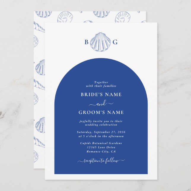 Blue Clam Seashells Coastal Seaside Beach Wedding Invitation (Front/Back)