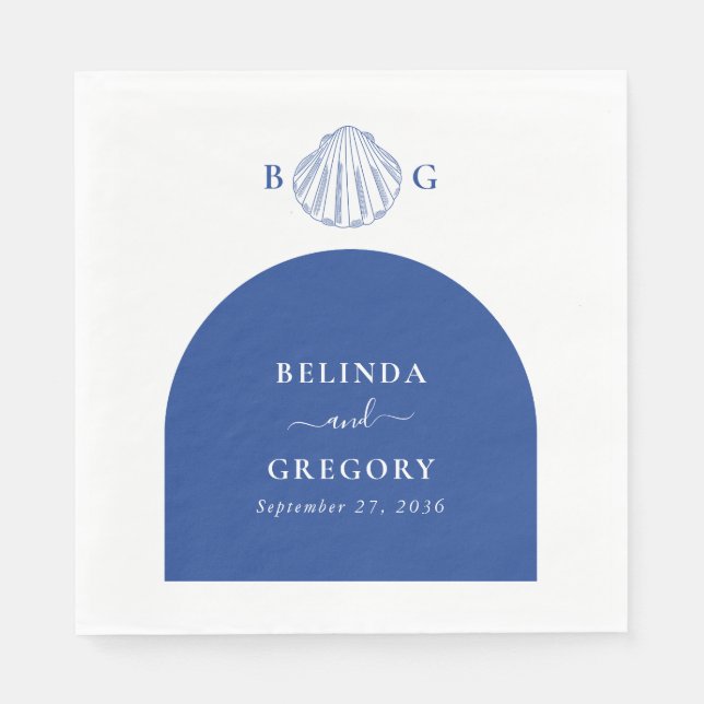 Blue Clam Seashells Coastal Seaside Beach Wedding Napkin (Front)