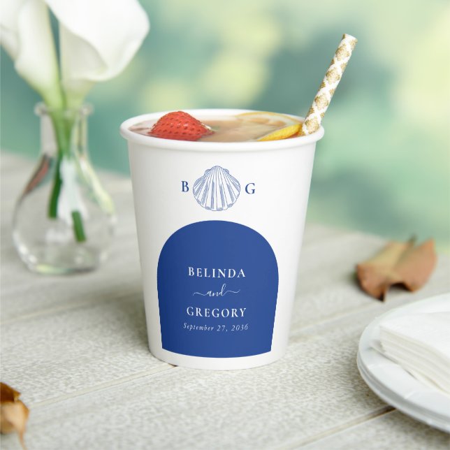 Blue Clam Seashells Coastal Seaside Beach Wedding Paper Cups (Insitu)