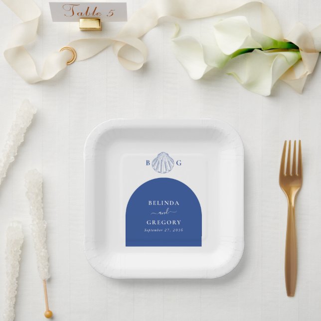Blue Clam Seashells Coastal Seaside Beach Wedding Paper Plate (Wedding)