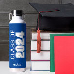 Blue Class of 2024 Personalized School Graduation Water Bottle<br><div class="desc">This classic blue custom senior graduate water bottle features bold white typography reading class of 2024 in varsity letters for a high school or college graduation party keepsake gift. Customize with your name in elegant gold script underneath for a great commemorative favour.</div>